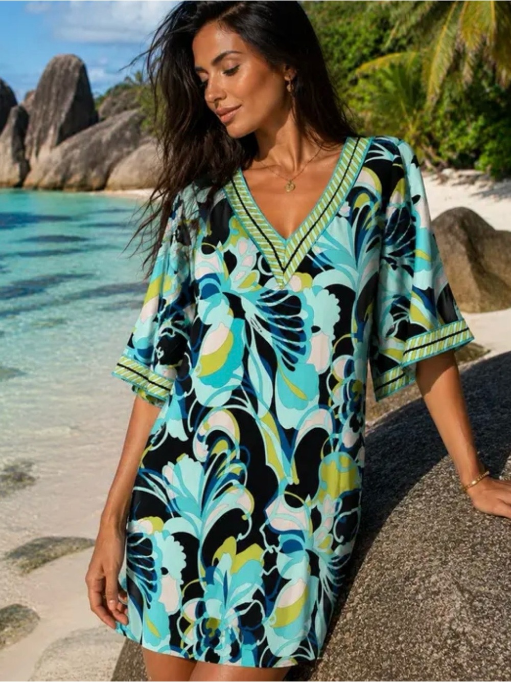 Trina Turk Garden Kimono Sleeve Dress Retro Floral Blue Lime Green Mod